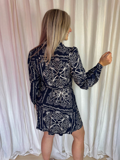 Jurk Cotton Club print donkerblauw,crème maat XS