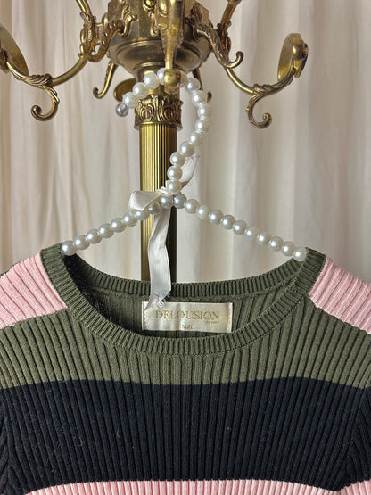 Jurk Delousion rib strepen legergroen,lichtroze,zwart maat M/L