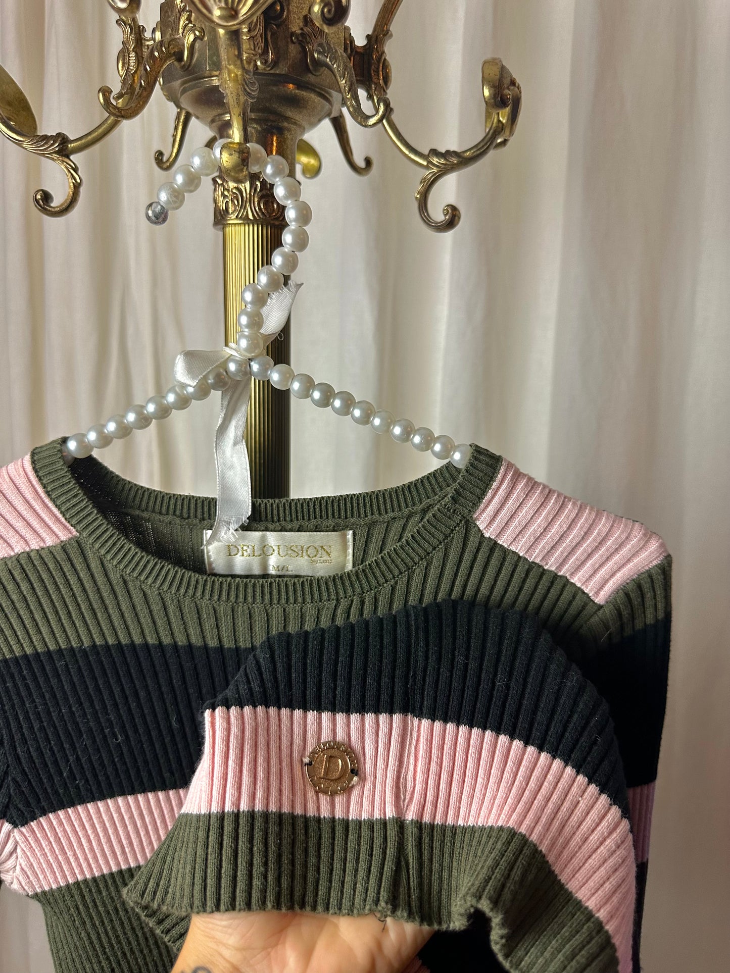 Jurk Delousion rib strepen legergroen,lichtroze,zwart maat M/L