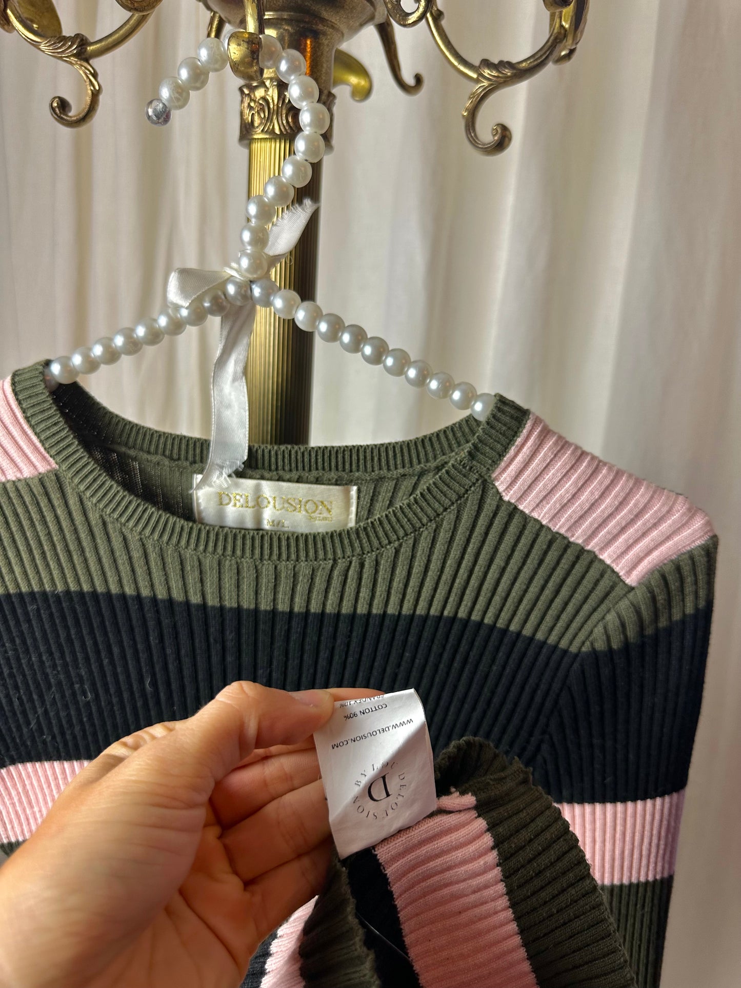 Jurk Delousion rib strepen legergroen,lichtroze,zwart maat M/L