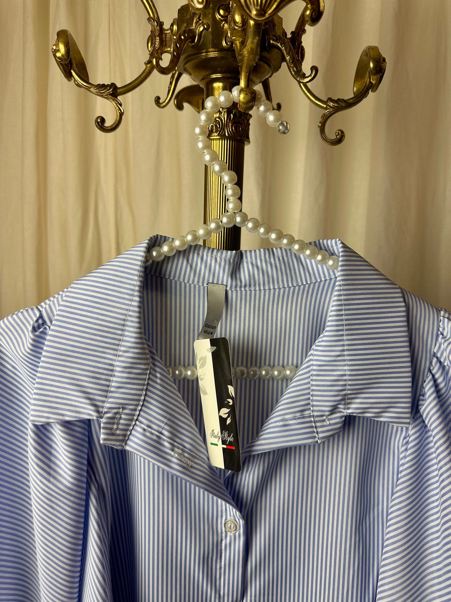 Jurk Italian Style wijde pofmouw streep lichtblauw,wit onesize