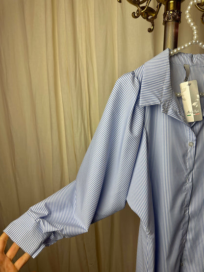 Jurk Italian Style wijde pofmouw streep lichtblauw,wit onesize