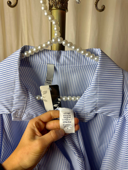 Jurk Italian Style wijde pofmouw streep lichtblauw,wit onesize