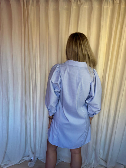 Jurk Italian Style wijde pofmouw streep lichtblauw,wit onesize