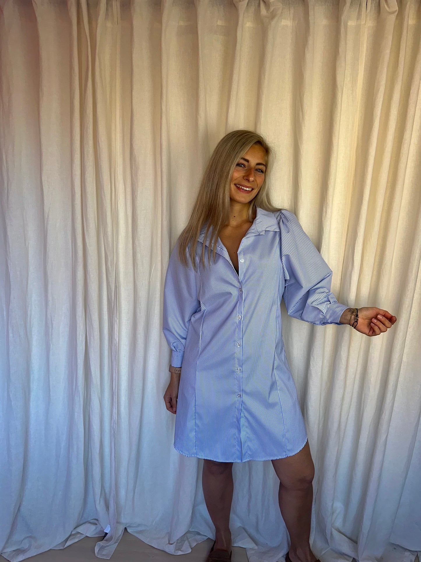 Jurk Italian Style wijde pofmouw streep lichtblauw,wit onesize
