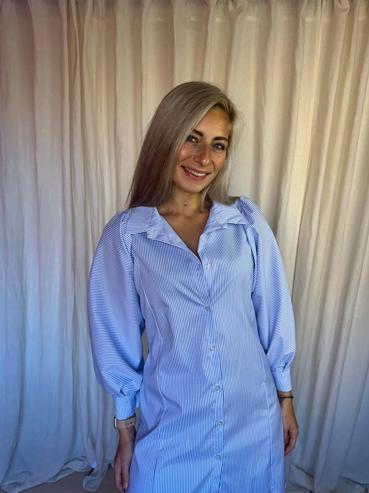Jurk Italian Style wijde pofmouw streep lichtblauw,wit onesize