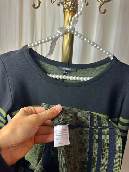 Jurk Nikkie klokkend strepen zwart/groen/donkerblauw - maat 36(S)