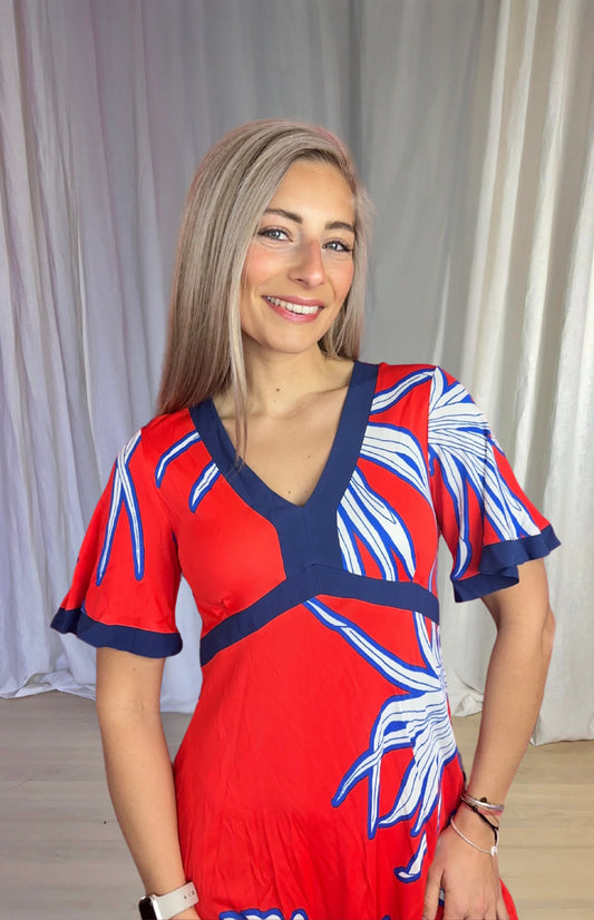 Jurk Pinko bloemenprint rood, wit, blauw maat S