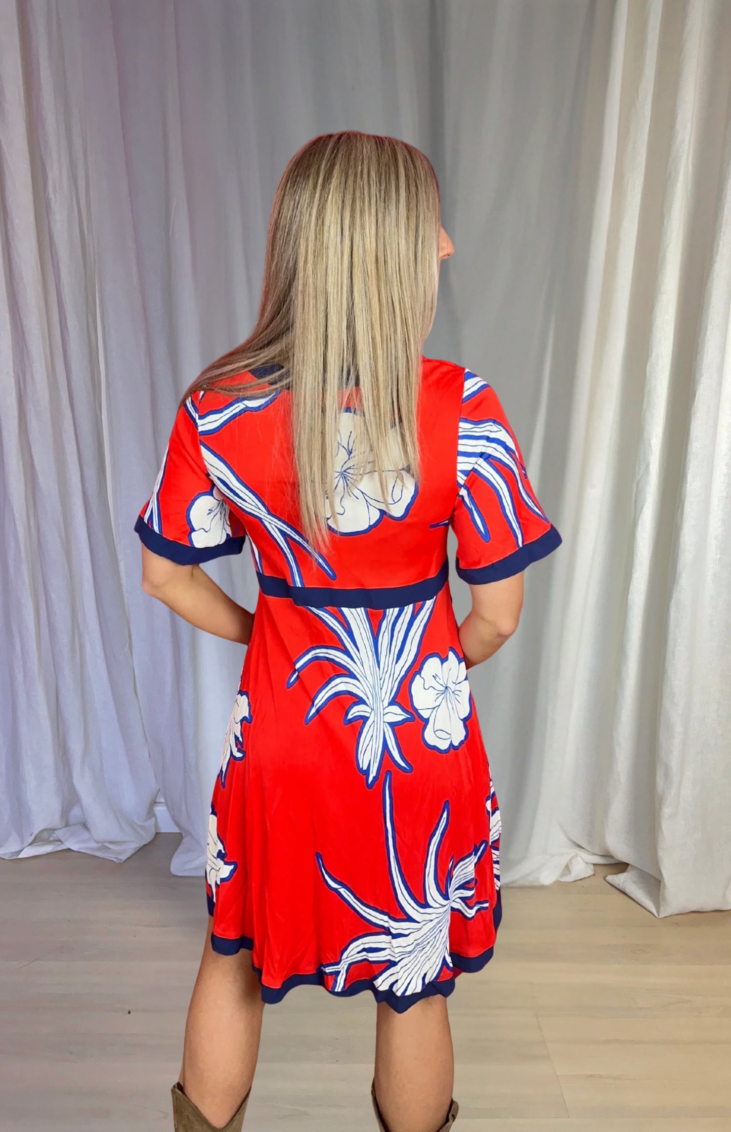 Jurk Pinko bloemenprint rood, wit, blauw maat S