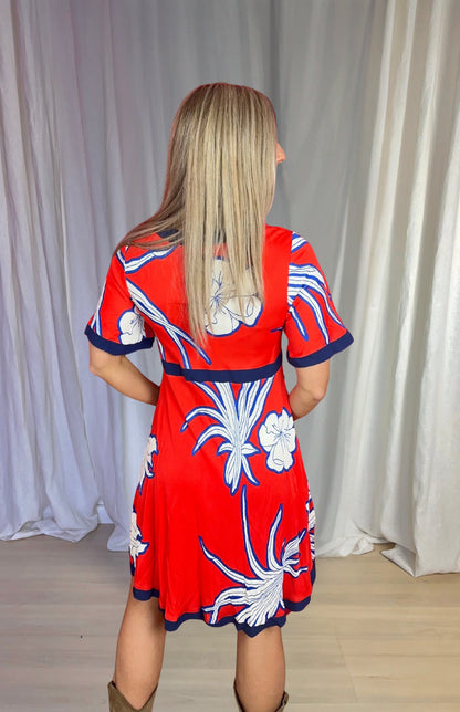 Jurk Pinko bloemenprint rood, wit, blauw maat S