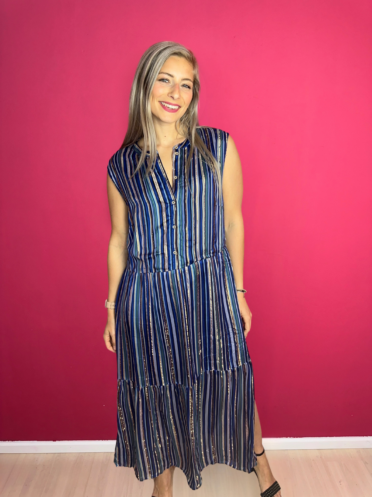 Jurk SET Maxi Streep Blauw/Goud – Damesjurk Maat 42