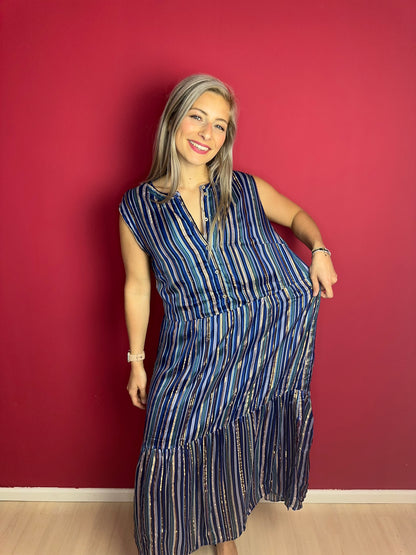 Jurk SET Maxi Streep Blauw/Goud – Damesjurk Maat 42