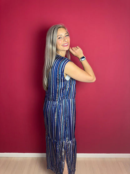 Jurk SET Maxi Streep Blauw/Goud – Damesjurk Maat 42