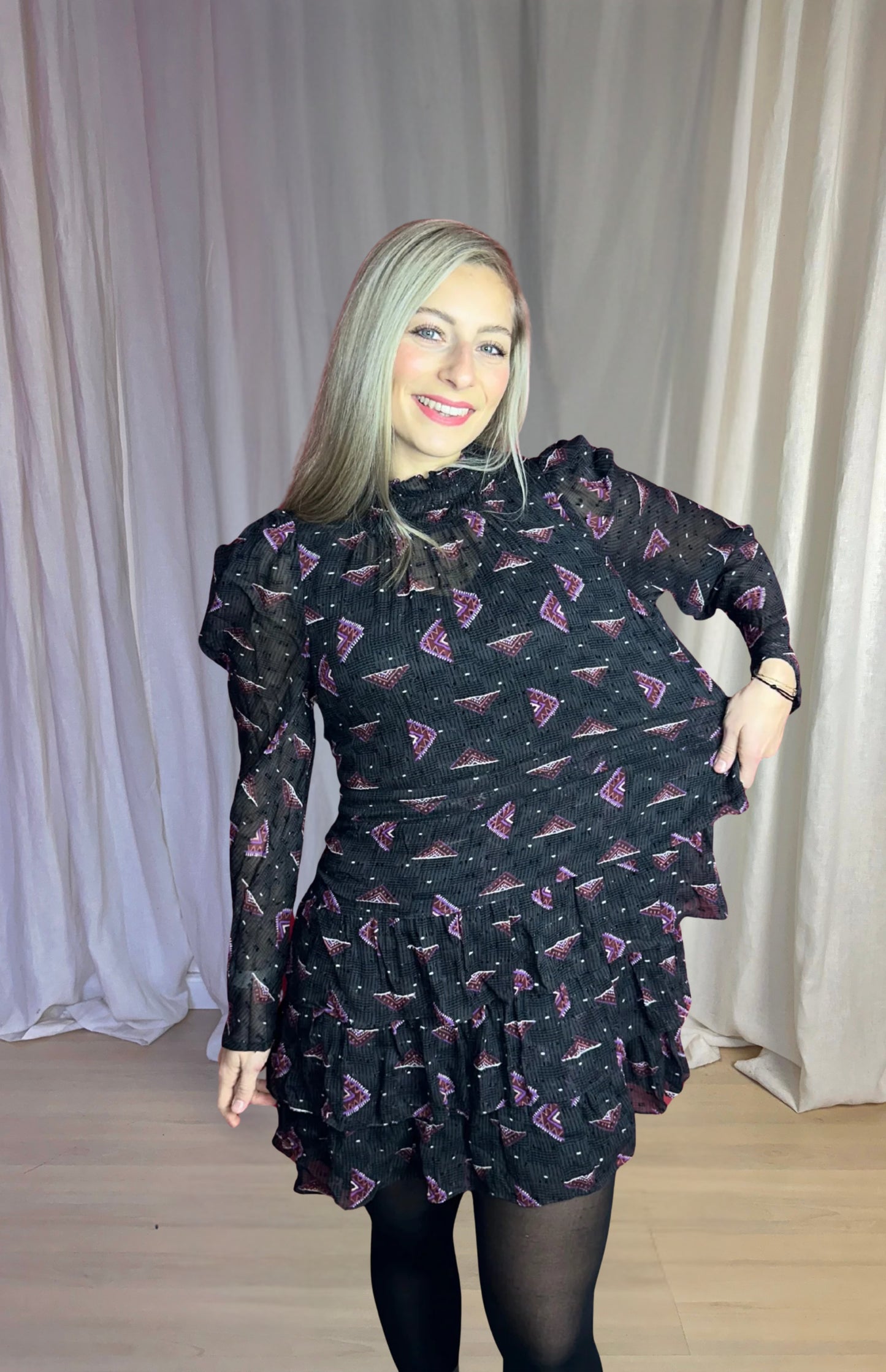 Jurk ba&sh print zwart, paars maat L