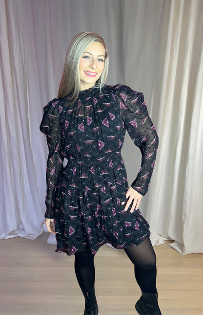 Jurk ba&sh print zwart, paars maat L