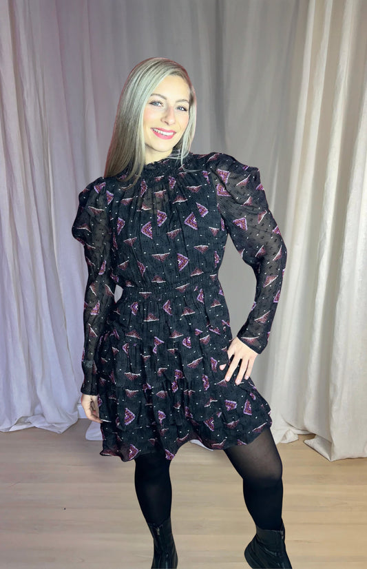 Jurk ba&sh print zwart, paars maat L