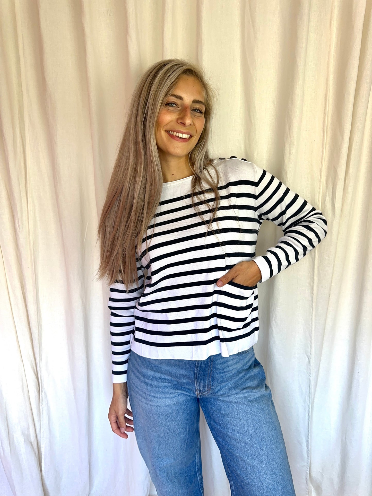 Longsleeve Marccain streep wit,zwart maat 3