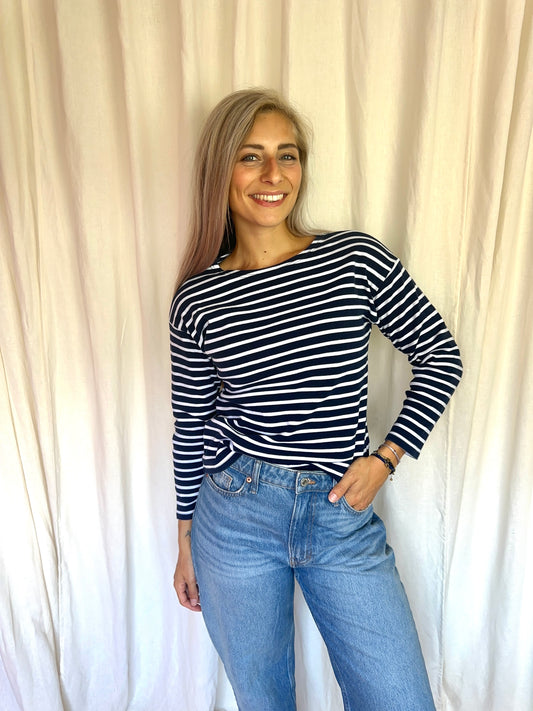 Longsleeve Marine streep donkerblauw,wit maat M