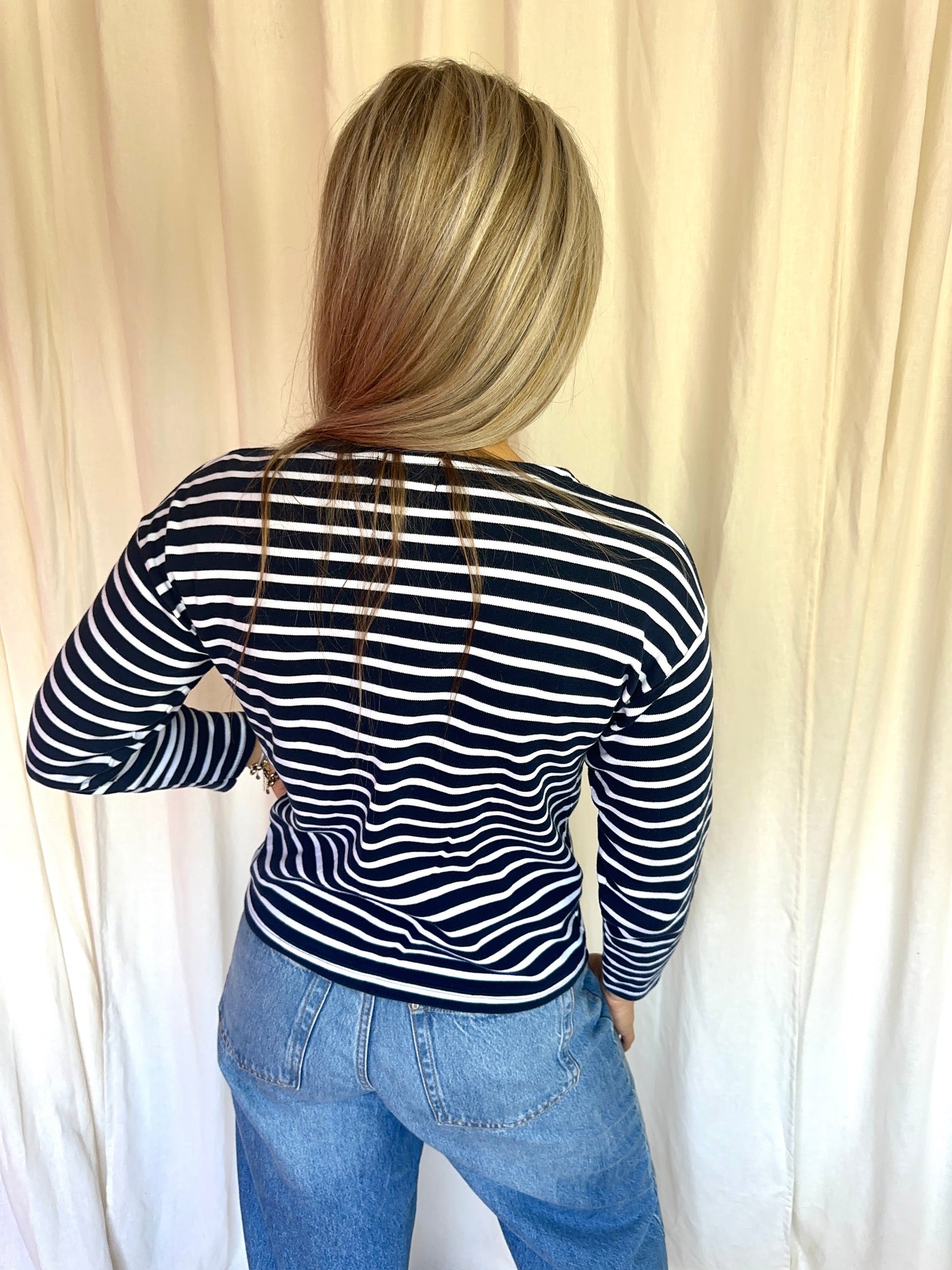Longsleeve Marine streep donkerblauw,wit maat M