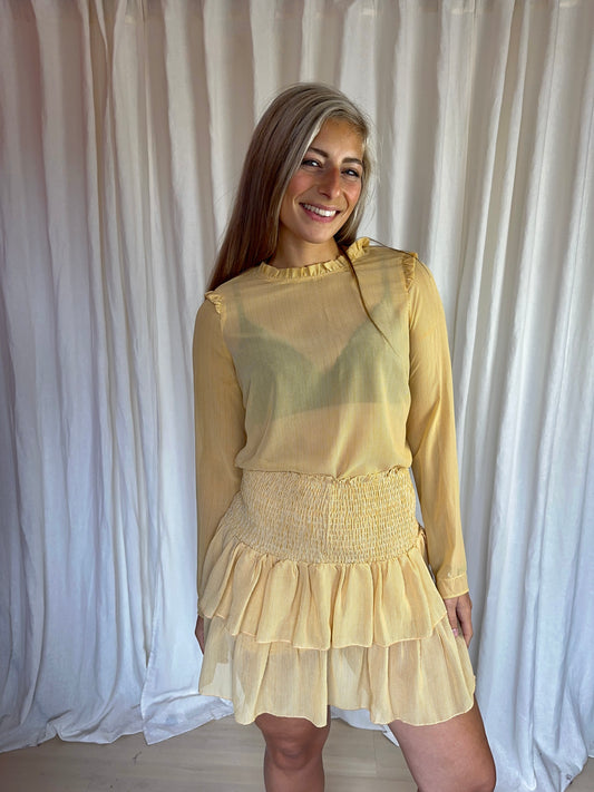 Set (Blouse Carin+Rok Tyrah) Neo Noir ruffles streep okergeel,wit maat S