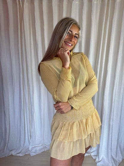 Set (Blouse Carin+Rok Tyrah) Neo Noir ruffles streep okergeel,wit maat S