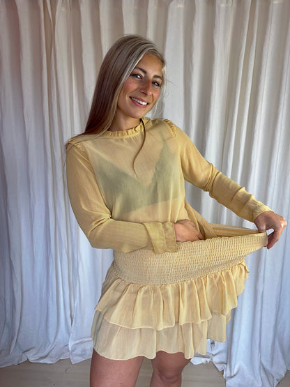 Set (Blouse Carin+Rok Tyrah) Neo Noir ruffles streep okergeel,wit maat S