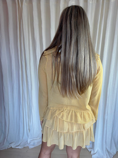 Set (Blouse Carin+Rok Tyrah) Neo Noir ruffles streep okergeel,wit maat S