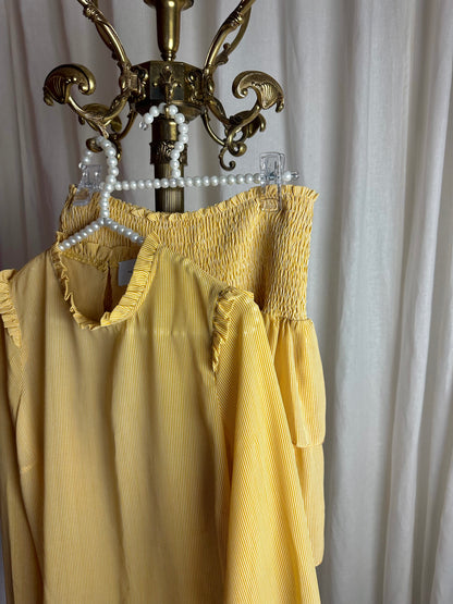 Set (Blouse Carin+Rok Tyrah) Neo Noir ruffles streep okergeel,wit maat S