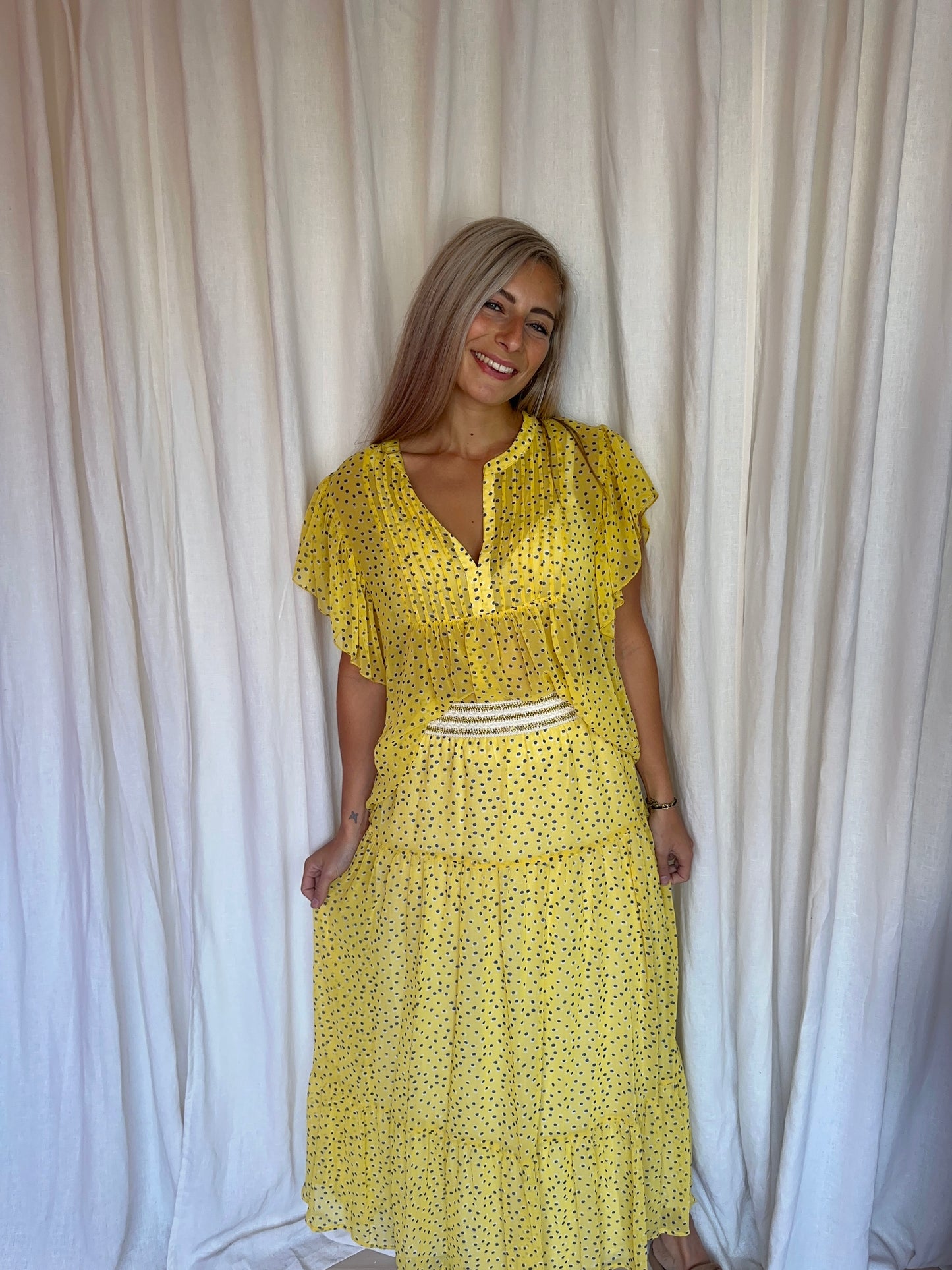 Set (Blouse Isabel+Rok Bonny maxi) Lollys Laundry stippen geel,blauw maat S/M