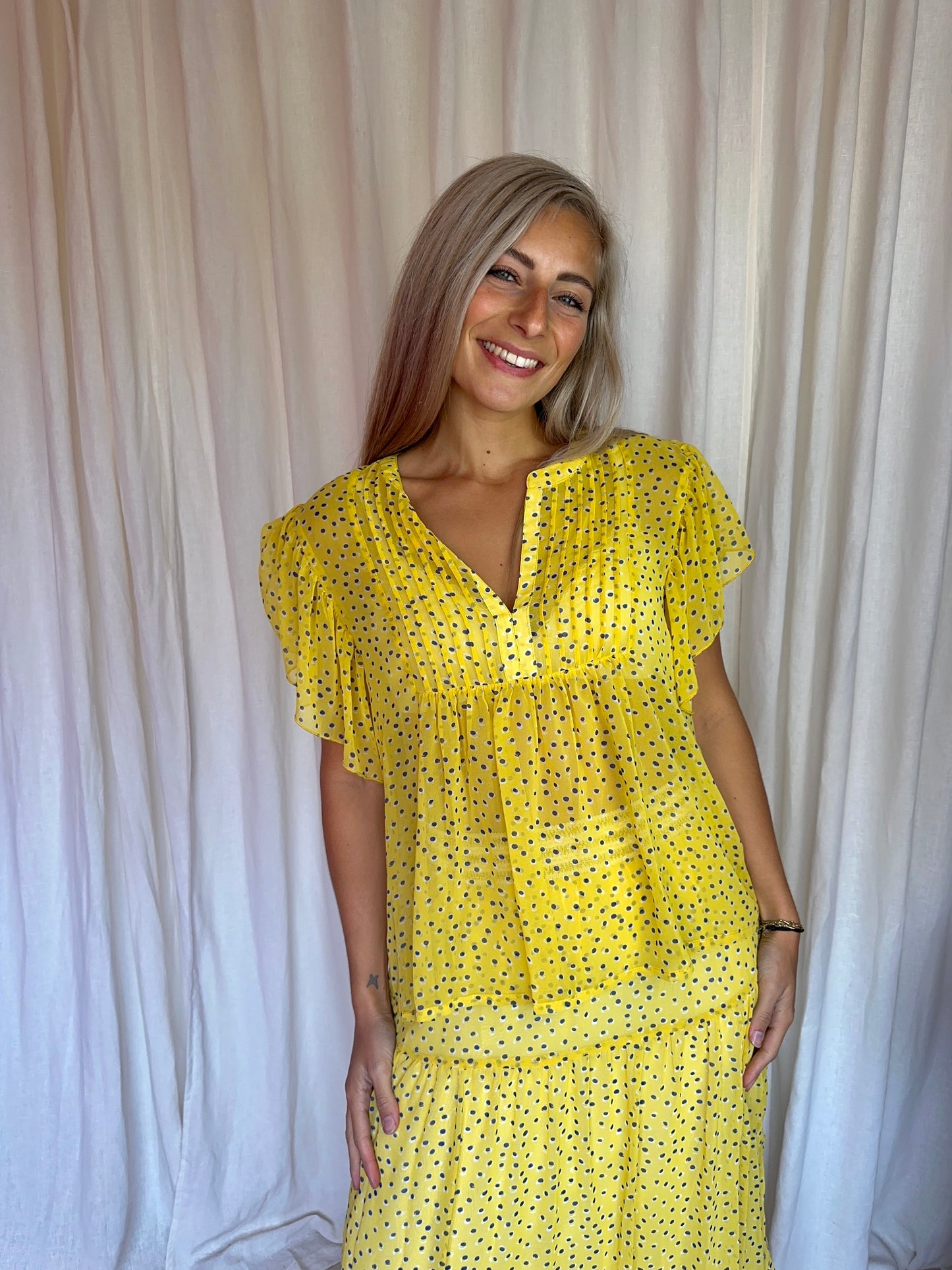 Set (Blouse Isabel+Rok Bonny maxi) Lollys Laundry stippen geel,blauw maat S/M