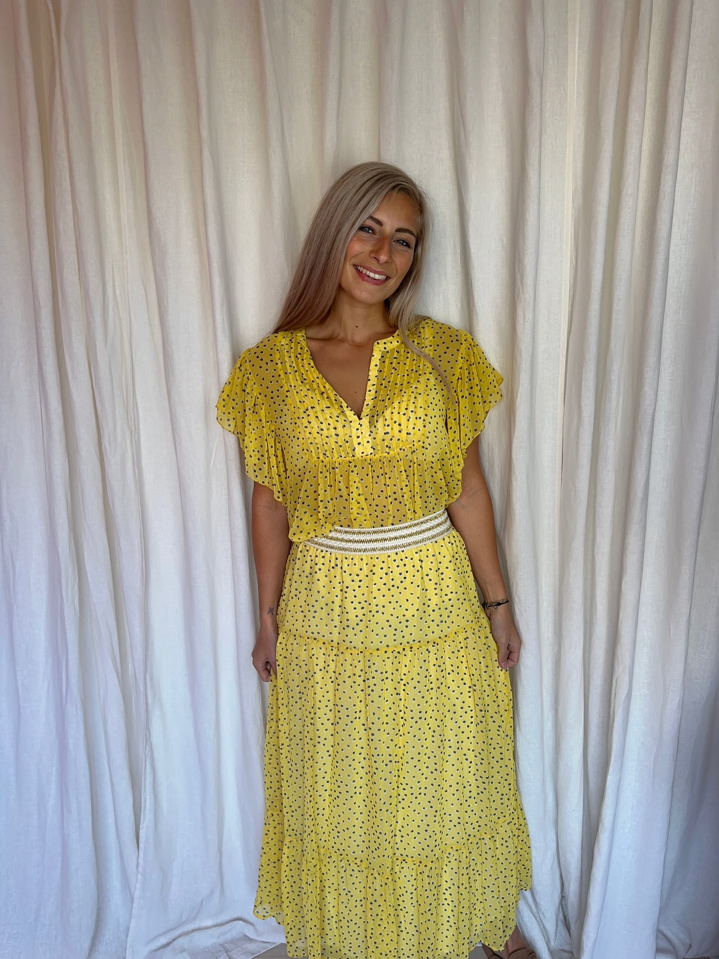 Set (Blouse Isabel+Rok Bonny maxi) Lollys Laundry stippen geel,blauw maat S/M