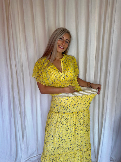 Set (Blouse Isabel+Rok Bonny maxi) Lollys Laundry stippen geel,blauw maat S/M