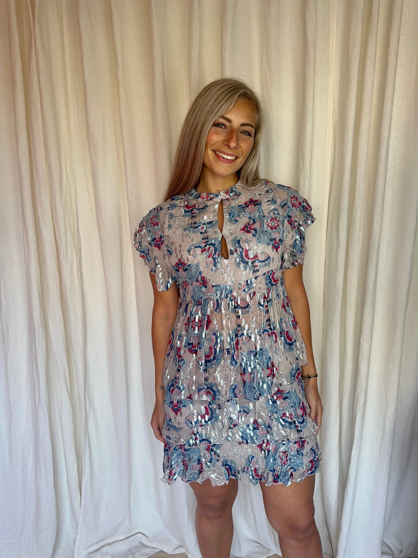 Set (Blouse+Rok Jeremia) Berenice print blauw,lichtroze,zilver maat 36