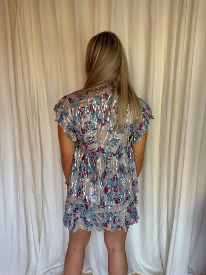 Set (Blouse+Rok Jeremia) Berenice print blauw,lichtroze,zilver maat 36