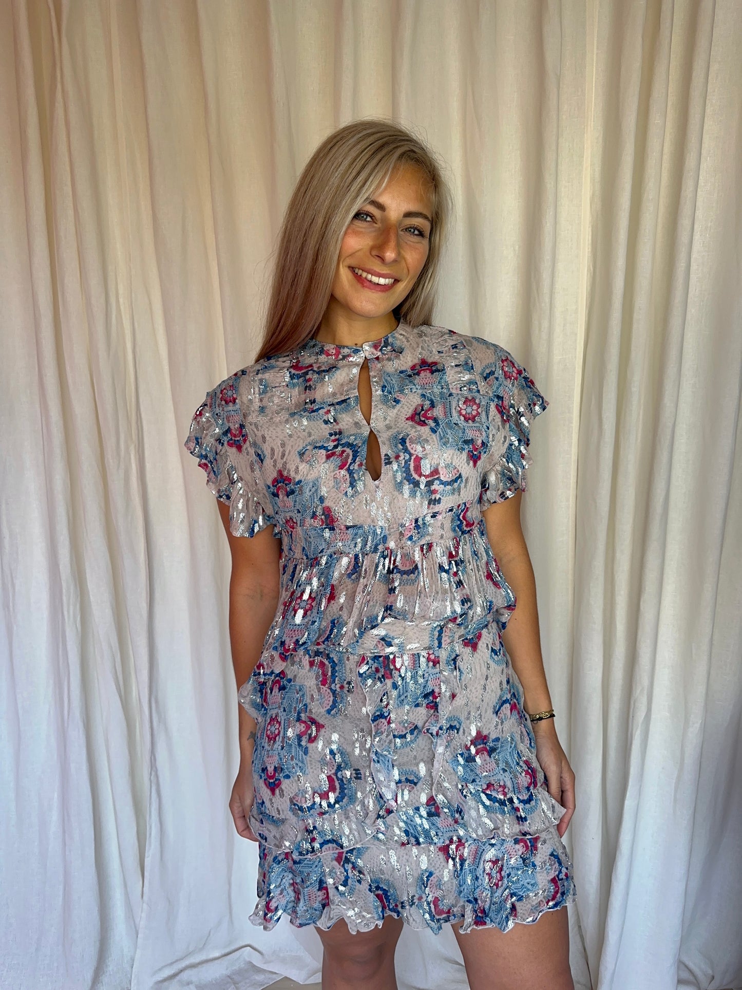 Set (Blouse+Rok Jeremia) Berenice print blauw,lichtroze,zilver maat 36