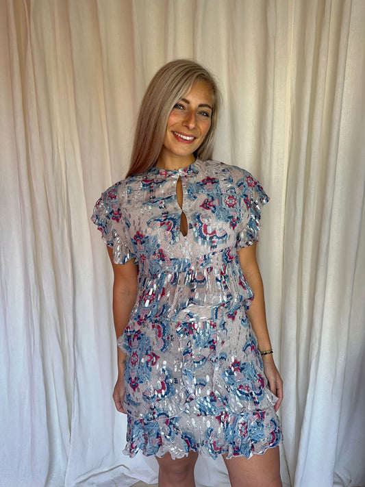 Set (Blouse+Rok Jeremia) Berenice print blauw,lichtroze,zilver maat 36