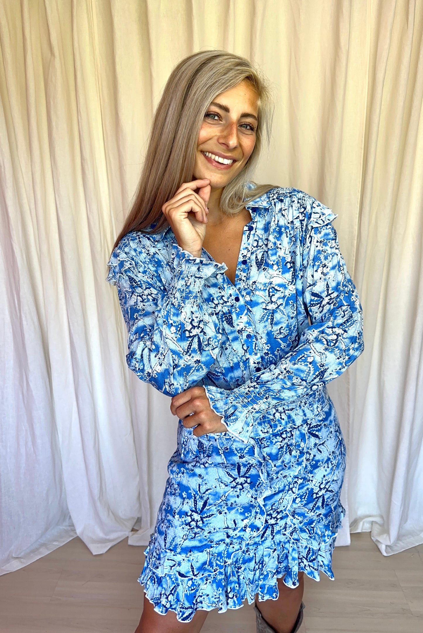 Set (Blouse+Rok) Berenice Paris print blauw,wit maat 40