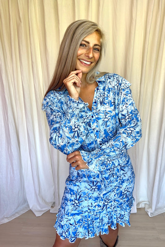 Set (Blouse+Rok) Berenice Paris print blauw,wit maat 40