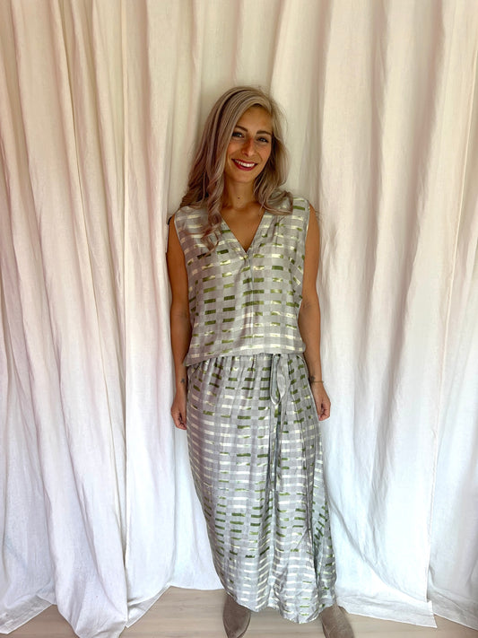 Set (Blouse+Rok) Humanoid print grijs,groen maat XS/S