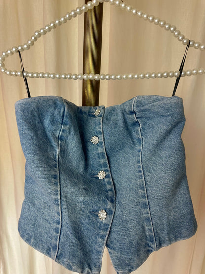 Set (Strapless top+Jeans) H&M viral denim strass stenen maat 36