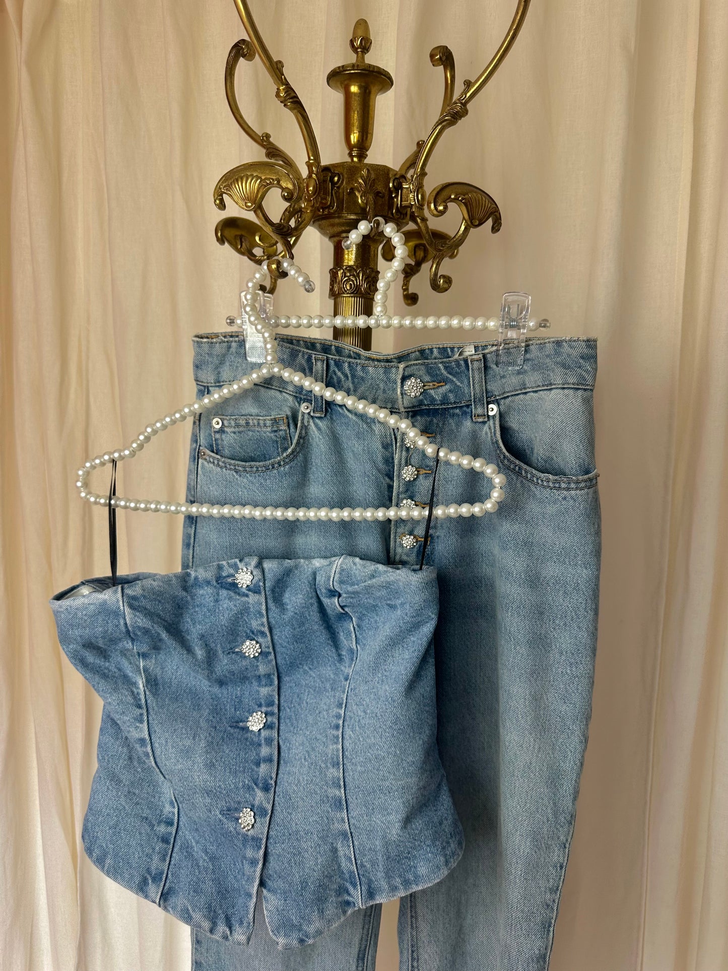 Set (Strapless top+Jeans) H&M viral denim strass stenen maat 36