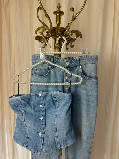 Set (Strapless top+Jeans) H&M viral denim strass stenen maat 36