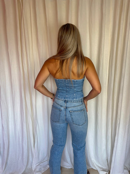 Set (Strapless top+Jeans) H&M viral denim strass stenen maat 36