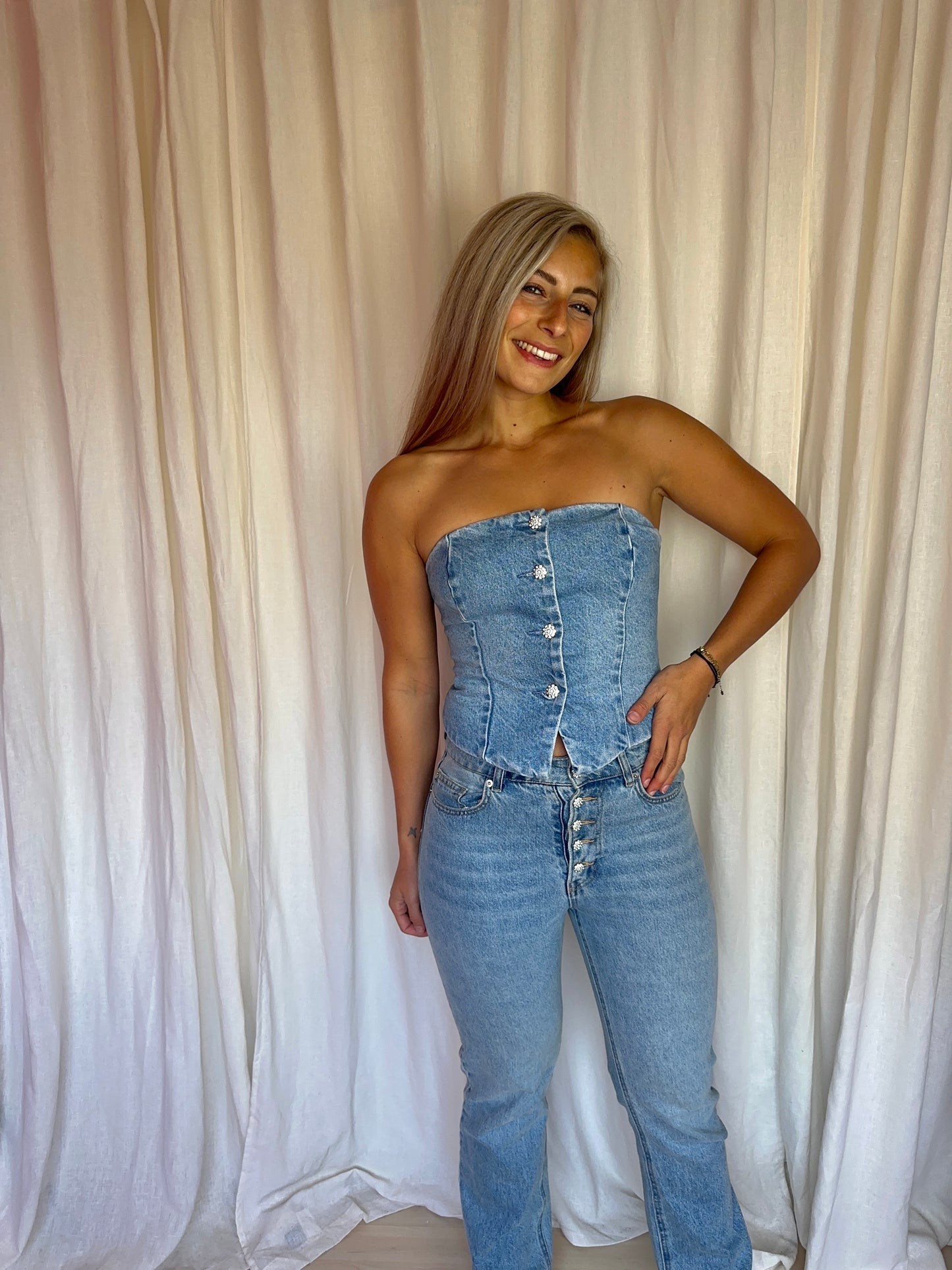 Set (Strapless top+Jeans) H&M viral denim strass stenen maat 36