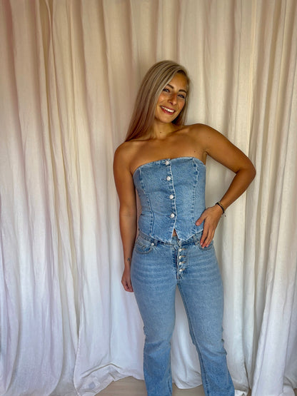 Set (Strapless top+Jeans) H&M viral denim strass stenen maat 36