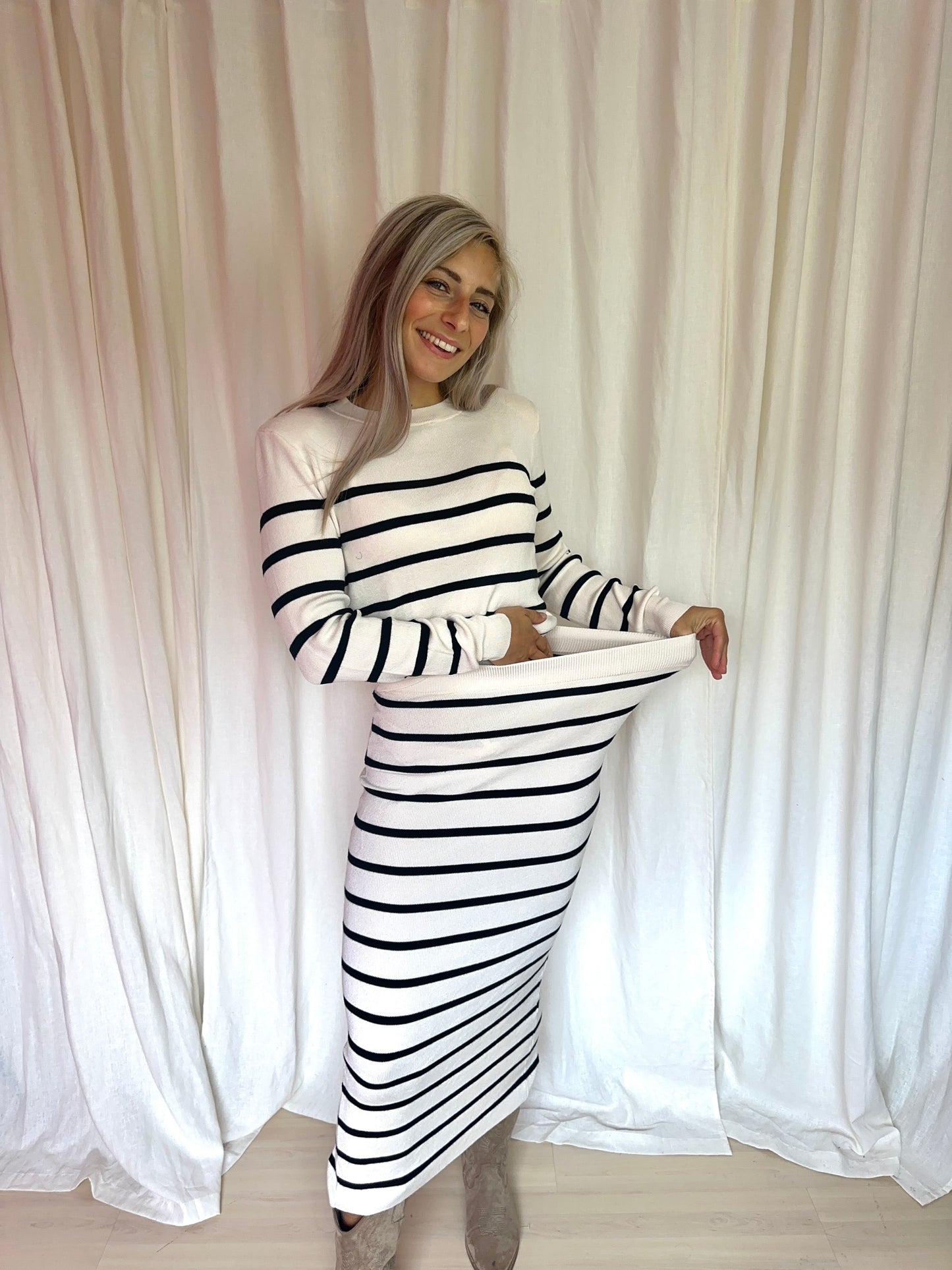 Set (Trui+Rok) H&M gebreid streep beige,zwart maat XS