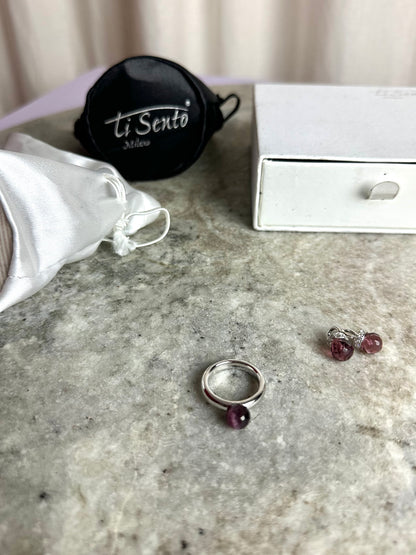 Set (ring & oorbellen bedels) Ti Sento Milano zilver/paars