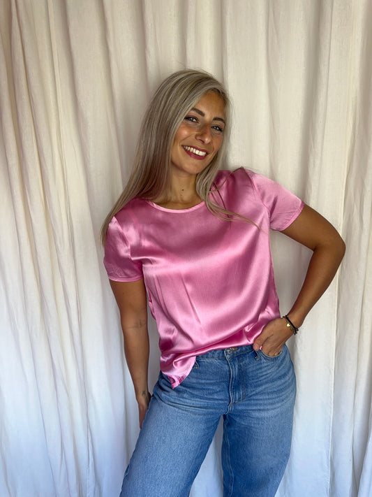 T-shirt Marella satijn korte mouw glanzend roze maat M