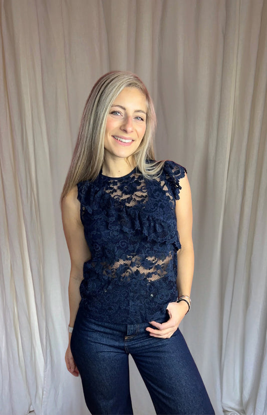 Top Ganni kant donkerblauw maat S