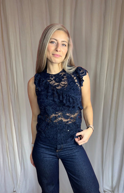 Top Ganni kant donkerblauw maat S